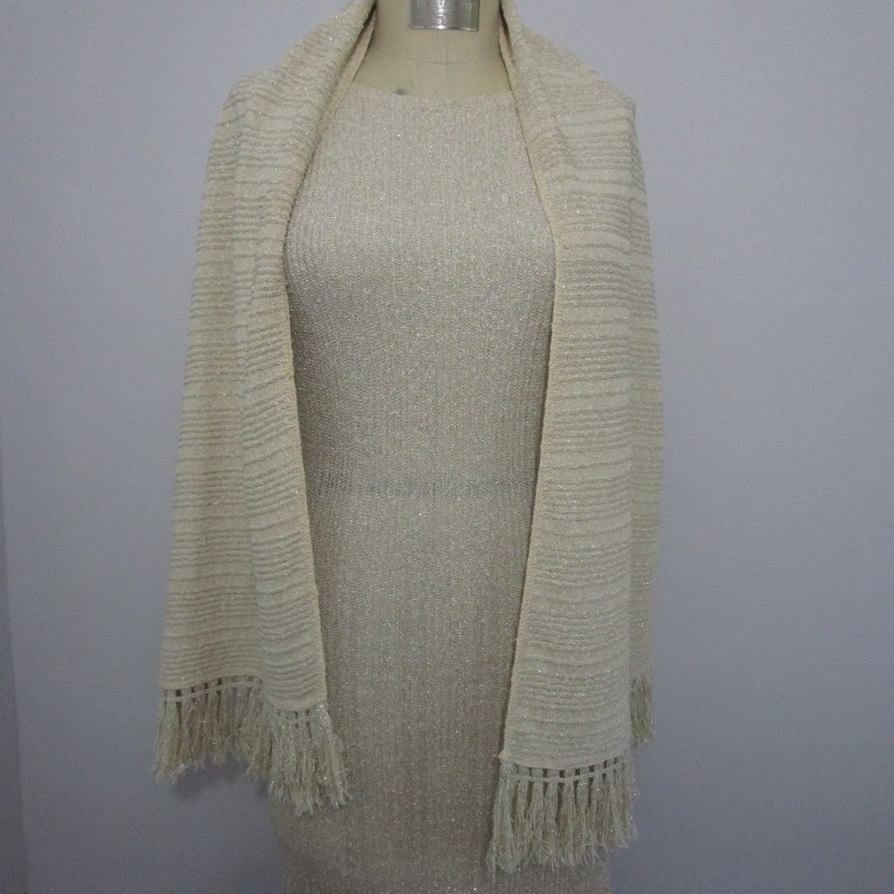 S 1960s Pinup Wiggle Bodycon Dress w Fringe Scarf Linen Champagne Metallic - Picture 3 of 11